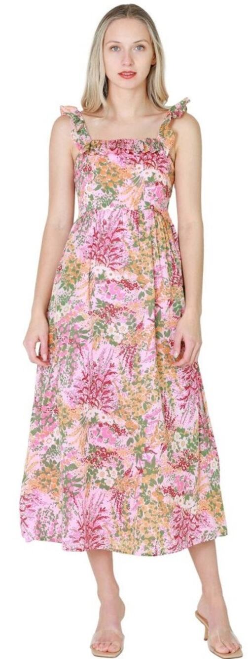 Banjanan Alexa Midi Dress Loki's Garden Pink Floral Print Womens Size Large?